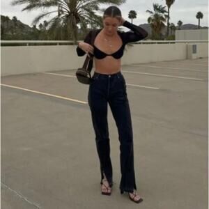 EB Denim | Unraveled High Rise Straight Leg Jeans Washed Black Denim 28